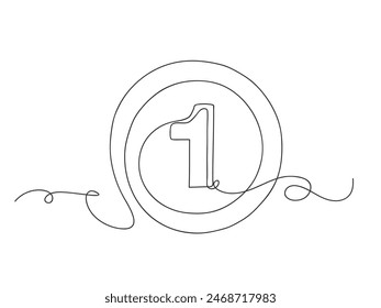 Number one in circle continuous one line art isolated vector illustration on white background.