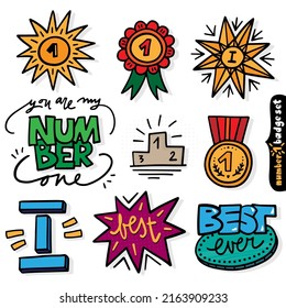 número uno marca de doodle lineal colorido conjunto de estrellas número de medalla texto vector ilustración en blanco y negro aislado en fondo blanco