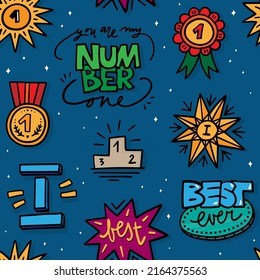 número uno marca de doodle lineal colorido conjunto de estrellas número de medalla texto vectorial negro y blanco ilustrado patrón sin fisuras aislado en fondo azul