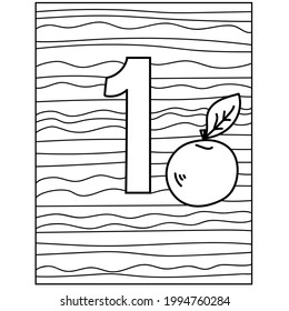 number one coloring page fruit, apple and abstract stripes, page for kids activity vector illustration