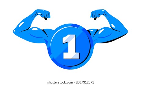 Number one concept. Medal with strong arms shows muscle and strength. Metaphor. Symbol of winning, the competition, first place, victory. Vector on white background.