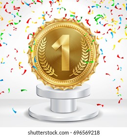 Number One Concept Vector. Metal Realistic First Placement Achievement. Round Medal With Red Ribbon, Relief Detail Illustration. White Winner Pedestal.