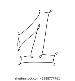 Number one. Continuous style. Vector illustration isolated on white. Single line art.