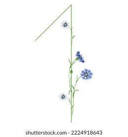 Number one with cornflower branches. Floral font. Digit 1. Isolated vector illustration.