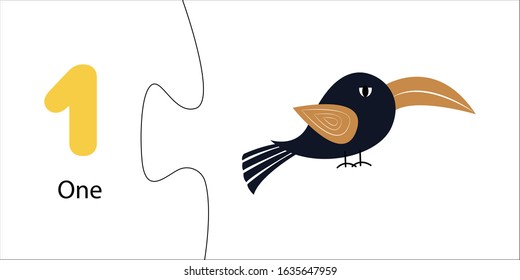 Number one with cute bird. game is two-piece puzzle. Educational card. Mathematics, arithmetic for children. Ordinary account for preschool children, kindergartens, home schooling