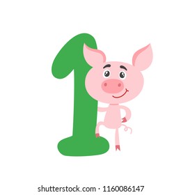 Number one with cute cartoon pig for kids isolated on white. Learn to count concept illustration and birthday anniversary number used for poster, book, greeting card.