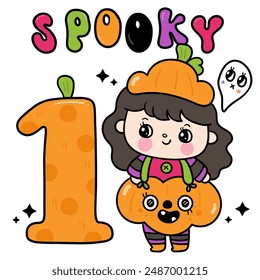 Number one Cute kid witch clipart Groovy Halloween pumpkin fancy dress. Series: Retro cartoon kawaii drawing (trick or treaters) Kids party. Perfect make a wish for background, greeting card, patten.