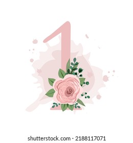 Number one decorated with pink rose, leaves and watercolor splash isolated on white background. Vector illustration for birthday, wedding invitation, wedding table numbers and much more.