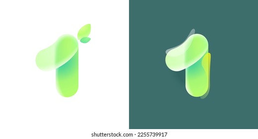 Number one eco logo with green gradient and leaf in Glassmorphism style. Environment friendly icon made of overlapping parts. Perfect for agriculture art, waste recycling app, healthy food packaging
