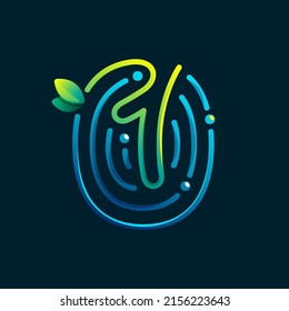 Number one eco logo made of fingerprint. Gradients icon with green leaves and dew drops. Perfect for online payment art, biometric design, agriculture advertising, pure food packaging.