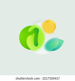 Number one eco logo in round splash with green leaf and sun. Realistic glassmorphism style translucent icon. Environment friendly negative space emblem for agriculture advertising and healthy food