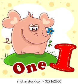 The number one and the elephant standing in the meadow with a flower in the trunk