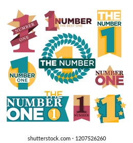 Number one emblems set with stars and ribbons around big numeral isolated cartoon vector illustrations on white background.