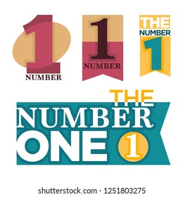 Number one emblems set with stars and ribbons around big numeral isolated cartoon vector illustrations on white background.