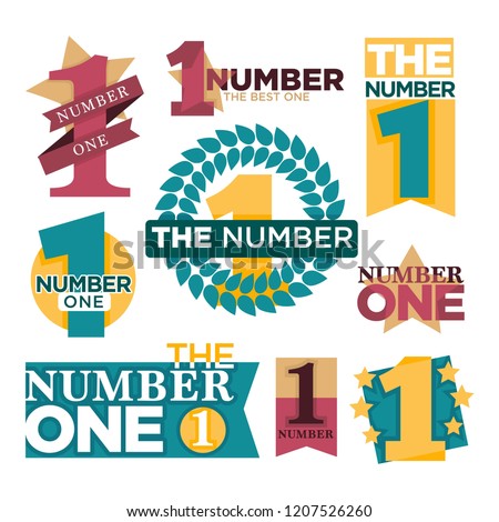 Number one emblems set with stars and ribbons around big numeral isolated cartoon vector illustrations on white background.