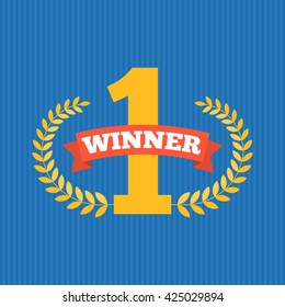number one first sign, the winner with wreath, flat design with ribbon and blue stripe background