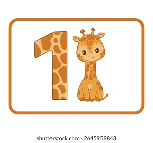 Número Um Flashcard com Girafa bonito mão desenhada vetor para a matemática pré-escolar 1