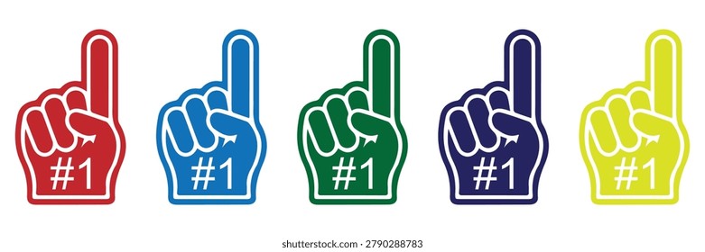 Number one foam finger vector icon pack featuring sports fan hand showing index finger up victory
 symbols in different colors for stadium game day design.