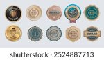 Number one gold circle seal emblem badge ranking winner 1st winner first good excellent award, collection of shiny golden prize emblem design set, Set of warranty logo design isolated 