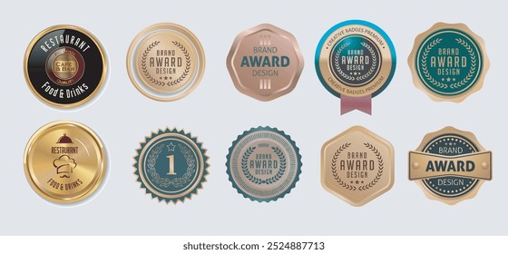 Número uno oro círculo sello emblema insignia ranking ganador 1.º ganador primer premio excelente, colección de brillo de oro premio emblema diseño conjunto, conjunto de Garantía logo diseño aislado 