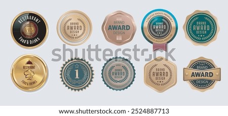 Number one gold circle seal emblem badge ranking winner 1st winner first good excellent award, collection of shiny golden prize emblem design set, Set of warranty logo design isolated 