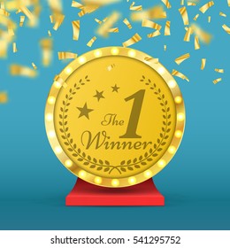 Number one gold trophy award isolated. Winner sign with laurel wreath and confetti. Vector illustration.