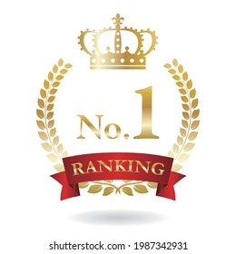 Number one golden crown laurel and ribbon emblem