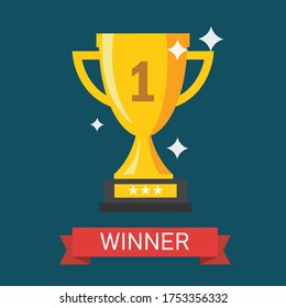 Nummer eins mit goldener Trophäe auf blauem Hintergrund. Champion auf Erfolgssymbol. Preis an erster Stelle. Vektorgrafik in flachem Design. Belohnungen und Gewinner.