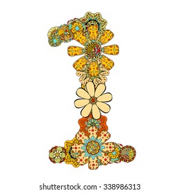 number One of hand drawn flowers. Floral numerals. Vector illustration, isolated on white