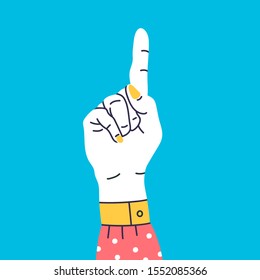 Number one. Hand gesture symbol. Hand with finger count. Counting by bending fingers. Hand drawn colored trendy vector illustration. Cartoon style. Flat design.