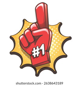 Number one hand with raising forefinger. Sports bubble colorful emblem isolated vector illustration