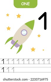 Number one, handwriting practice, writing training for children, kids preschool activity, learning to count, educational game, printable worksheet, vector Illustration