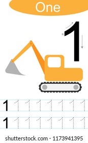 Number one, handwriting tracing practice sheet, writing training for children, kids preschool activity, educational game, printable worksheet, learning to count, vector Illustration