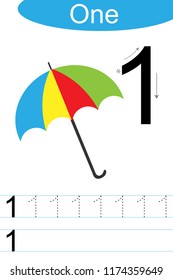 Number one, handwriting tracing practice sheet, writing training for children, kids preschool activity, educational game, printable worksheet, learning to count, vector Illustration