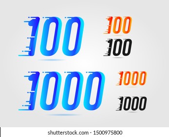 Number one hundred (100) and one thousand (1000)  speed logo. Fast design concept. With gradient color and solid color. Vector element for banner,
poster, cards and t-shirt. Colorful and beautiful