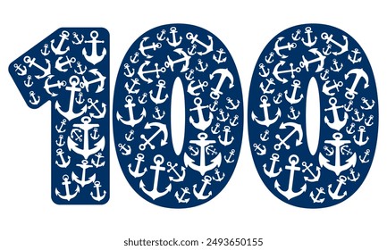 Number One Hundred With Anchor Pattern. Number 100 Isolated On A White Background
