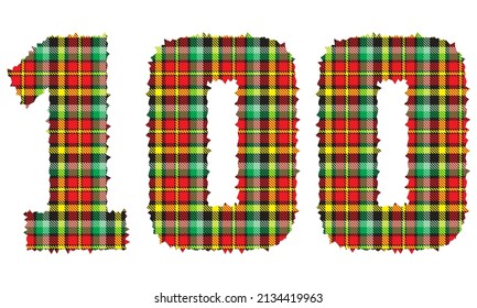 Number One Hundred With Textile Texture. Number 100 With Plaid Pattern Isolated On A White Background
