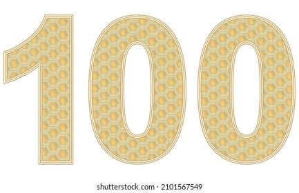 Number One Hundred Vector Illustration. Number 100 With Random Size Hexagonal Honeycomb Pattern Isolated On A White Background
