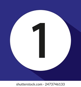 Number one icon vector. Black digit symbol. White circle background. Blue backdrop shadow.