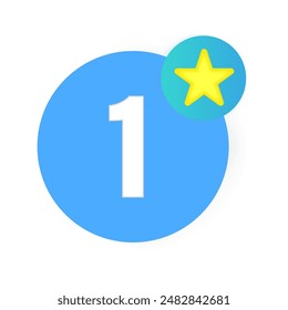 Number one icon. Yellow star badge. Bright blue circle. Vector symbol.