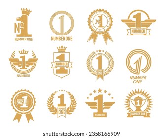 Number one icons, first place emblems with golden crown and winner wings, best product vector labels. Number one badge, wreath and ribbon for achievement awards and company appreciation trophy