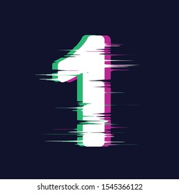 Number One isolated on dark background. Glitch stereo effect. Vector illustration. Design element for card, poster, banner, flyer, brochure, leaflet.