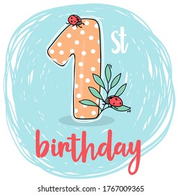 Number one with ladybugs for childrens birthday. For a holiday card, invitation, cake and greeting. Vector illustration in sketch style. Hand-drawn.