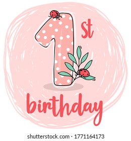 Number one with ladybugs for childrens birthday on a pink background. For a holiday card, invitation, cake and greeting. Vector illustration in sketch style. Hand-drawn.