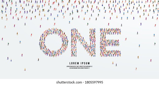 Number One. Large group of people form to create the word one or 1. Vector illustration.