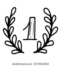 Number one in laurel wreath. Hand drawn doodle illustration. Competition victory. Sports games. Win, award. Olympics. Vector line art.