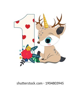 Number one and a little fawn-unicorn. Perfect for greeting cards, party invitations, posters, stickers, pin, scrapbooking, icons. Birthday concept