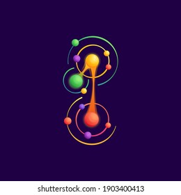 Number one logo with atoms orbits. Vector vivid icon perfect to use in any science labels, technology posters, astronomy identity, etc.