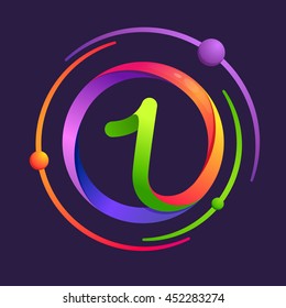 Number one logo with atoms orbits. Bright color vector design for your science, biology, physics, chemistry company. 