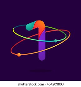 Number one logo with atoms orbits lines. Bright vector design for science, biology, physics, chemistry company.